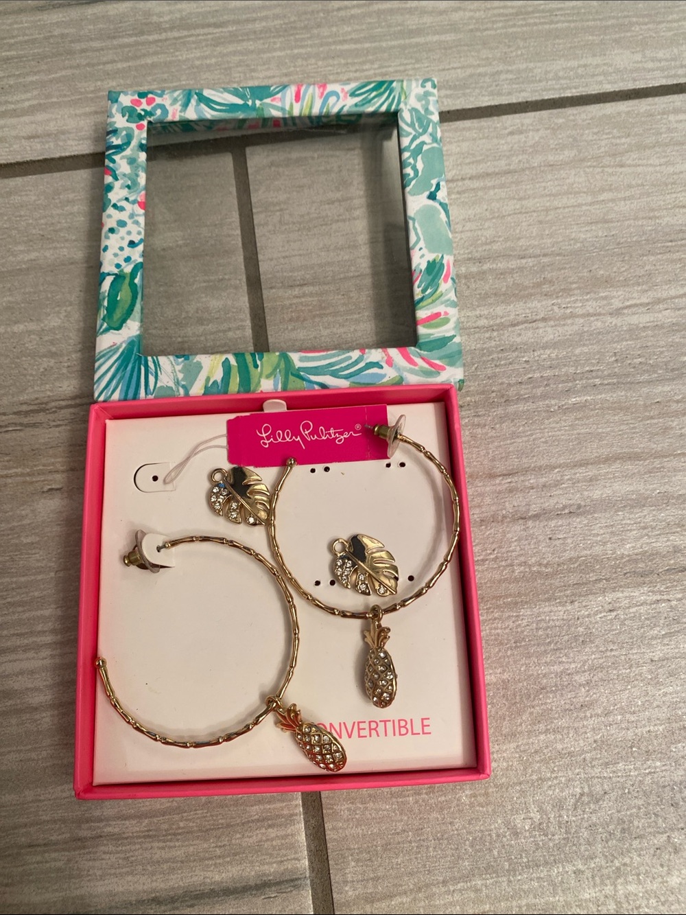 Lilly Pulitzer Gold Hoop charms convertible earrings leaf &pineapple